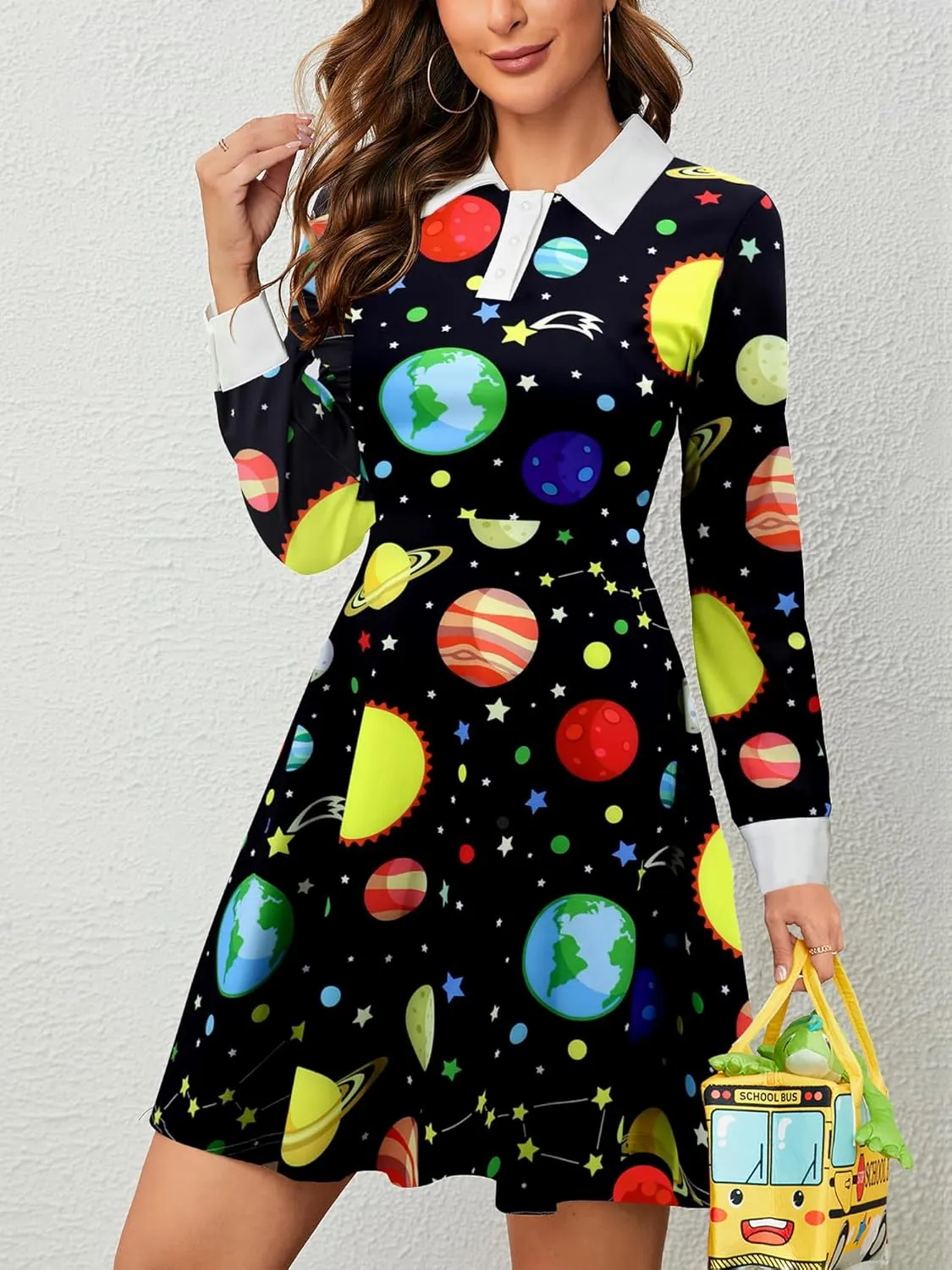 Womens Long Sleeves Peter Pan Collar Aline Fit and Flare Dress