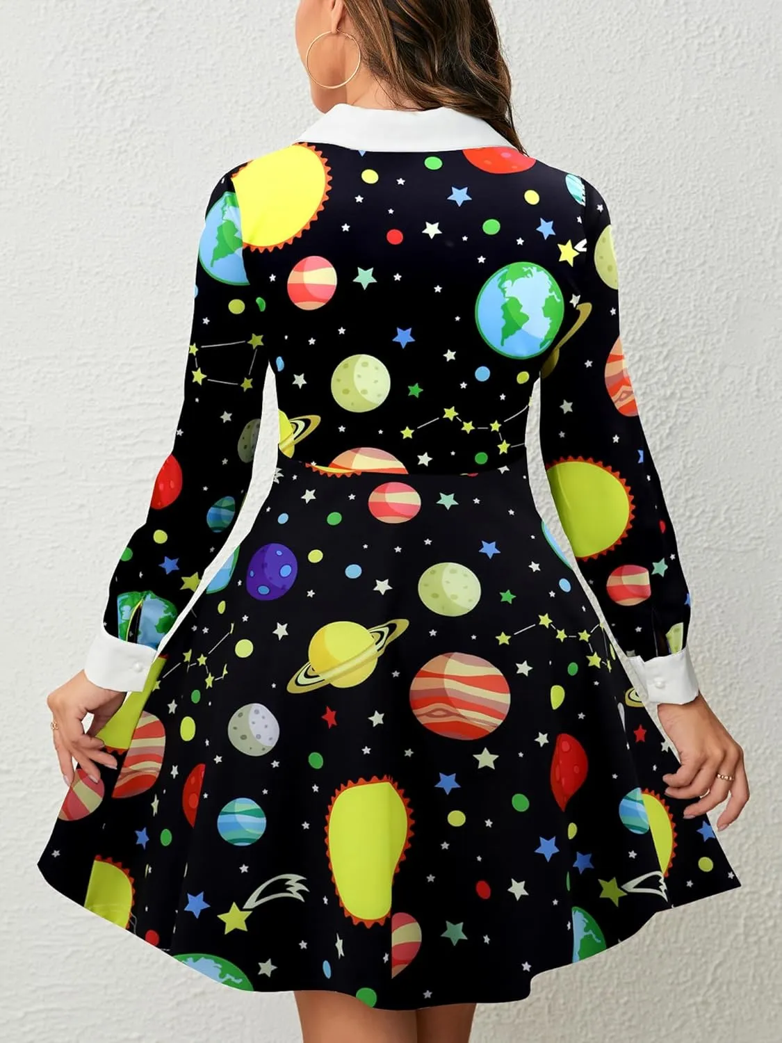 Womens Long Sleeves Peter Pan Collar Aline Fit and Flare Dress