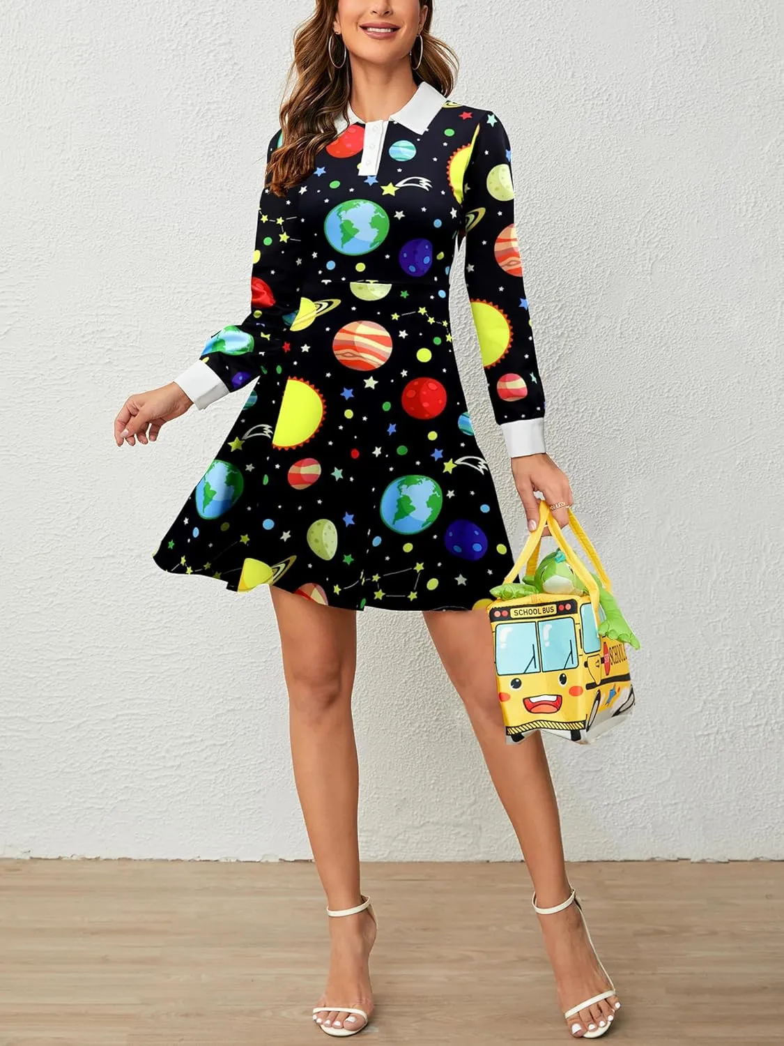 Womens Long Sleeves Peter Pan Collar Aline Fit and Flare Dress