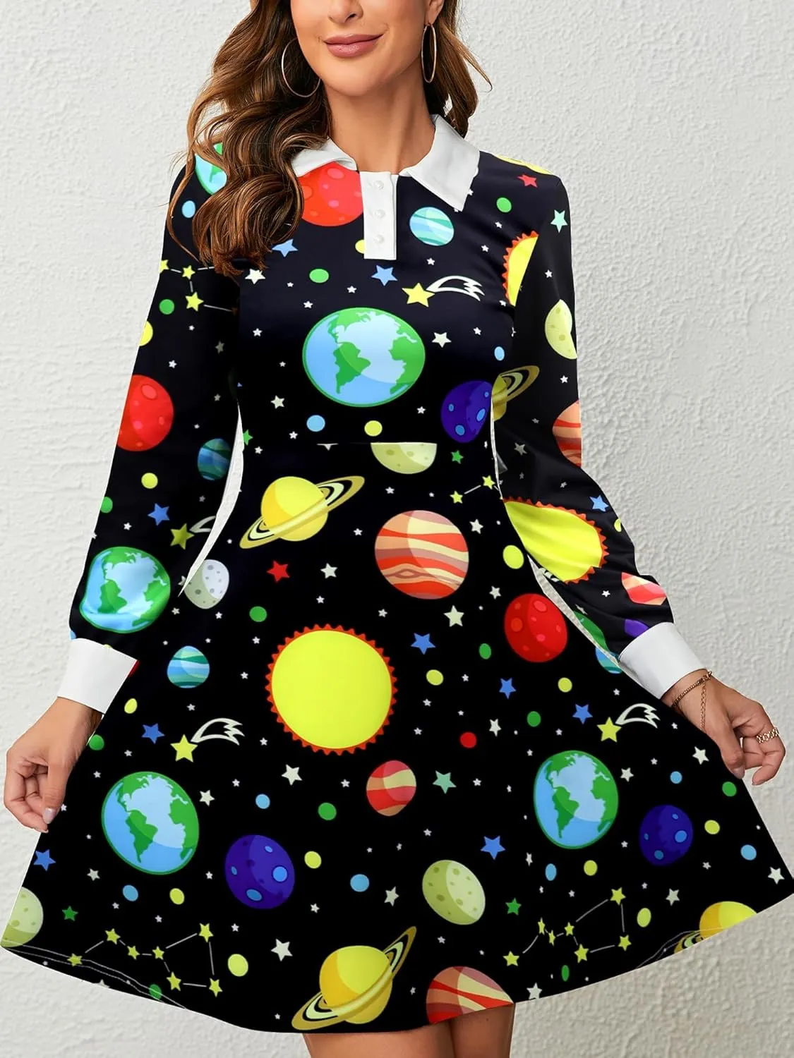 Womens Long Sleeves Peter Pan Collar Aline Fit and Flare Dress