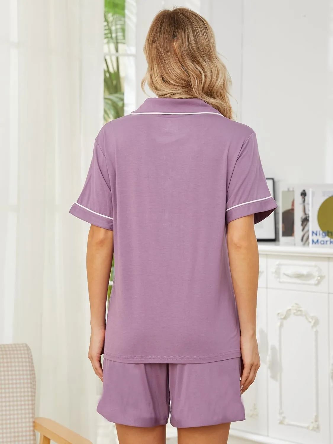 Womens Pajama Sets Short Sleeve Sleepwear Soft Button Down Nightwear Lounge Pj Set XS-XXL