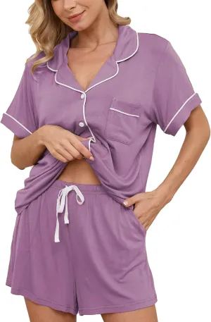 Womens Pajama Sets Short Sleeve Sleepwear Soft Button Down Nightwear Lounge Pj Set XS-XXL
