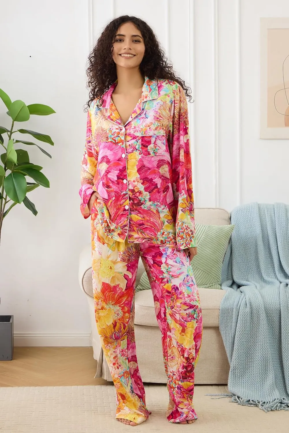 Womens Pajamas Set 2 Piece Long Sleeve Sleepwear Button Down Pjs Lounge Set Nightwear with Pockets