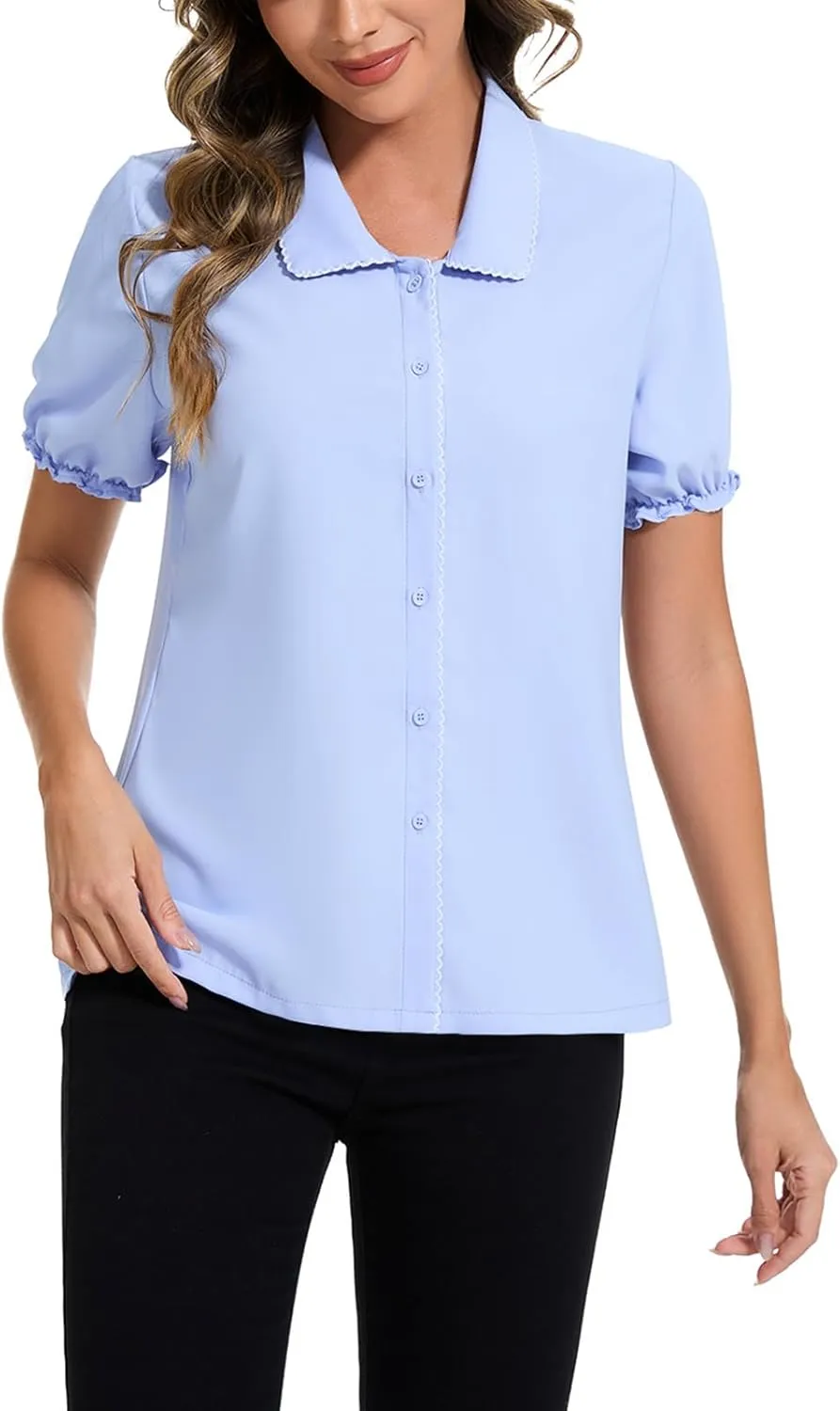Women's Peter Pan Collar Blouse Crochet Trim 2025 Vintage Work Puff Short Sleeve Button Down Shirt