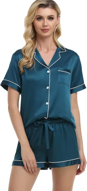 Women's Satin Pajama Set 2-Piece Sleepwear Loungewear Button Down Short Sleeve Silky PJ Set
