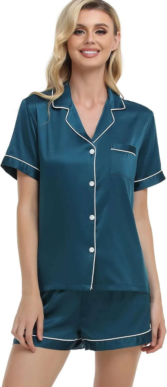 Women's Satin Pajama Set 2-Piece Sleepwear Loungewear Button Down Short Sleeve Silky PJ Set