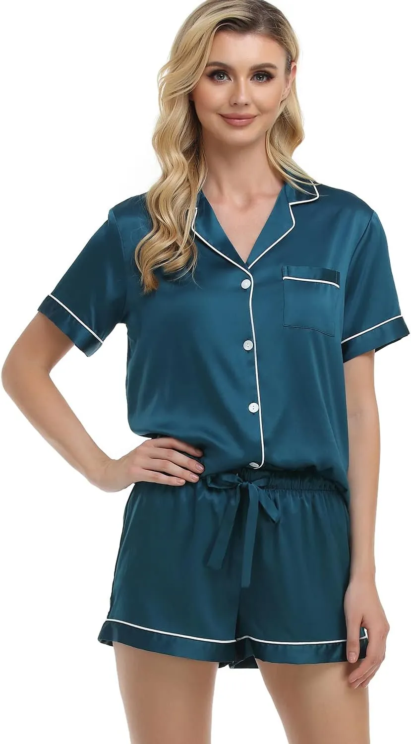 Women's Satin Pajama Set 2-Piece Sleepwear Loungewear Button Down Short Sleeve Silky PJ Set