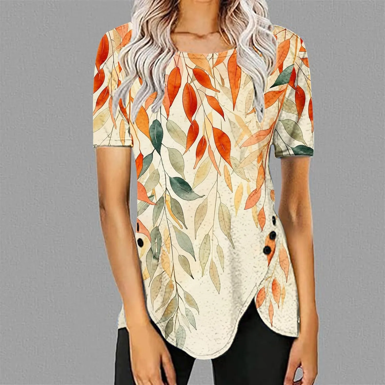 Womens Summer Tops Casual Short Sleeve Side Button Tunci Shirts Cute Floral Tops Casual Ladies Summer Tops 2024
