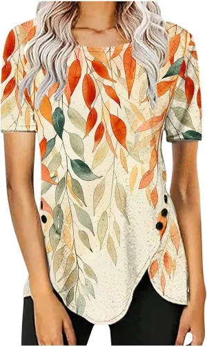 Womens Summer Tops Casual Short Sleeve Side Button Tunci Shirts Cute Floral Tops Casual Ladies Summer Tops 2024