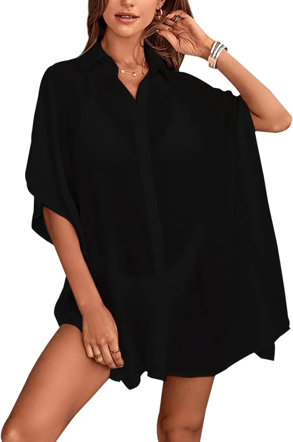 Womens Swimsuit Cover Up Shirts Oversized Beach Bikini Bathing Suit Coverups Beachwear Button Up