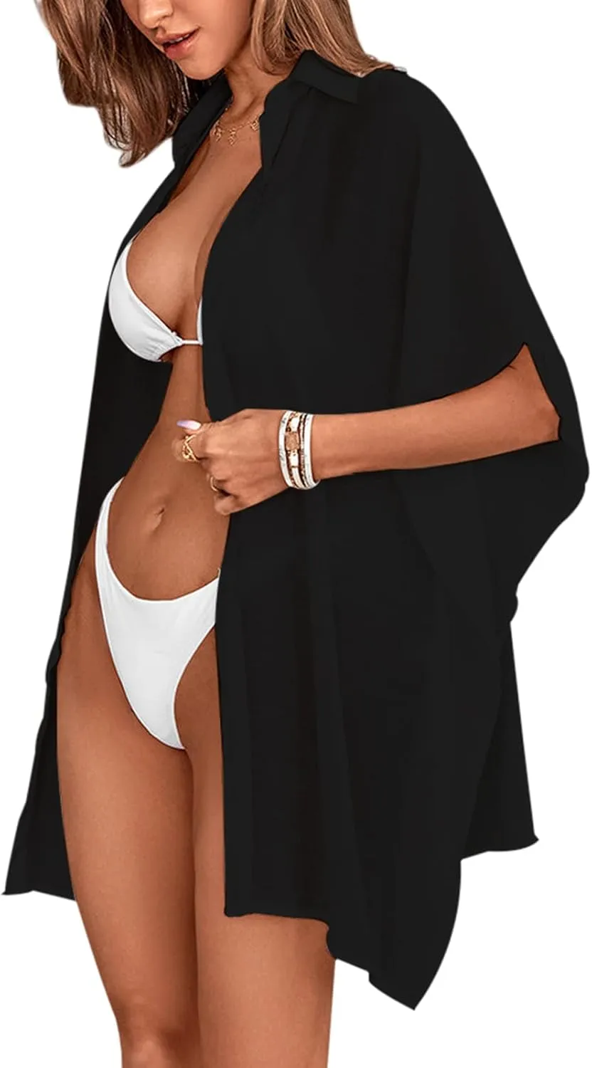 Womens Swimsuit Cover Up Shirts Oversized Beach Bikini Bathing Suit Coverups Beachwear Button Up
