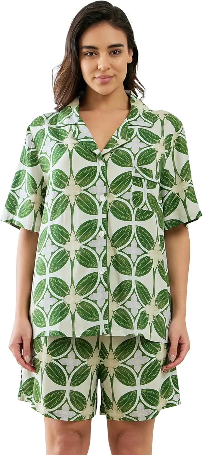 Womens Viscose Shorts Pajamas Set Button Down 2 Piece Pjs Short Sleeve Oversized Sleepwear with Pockets