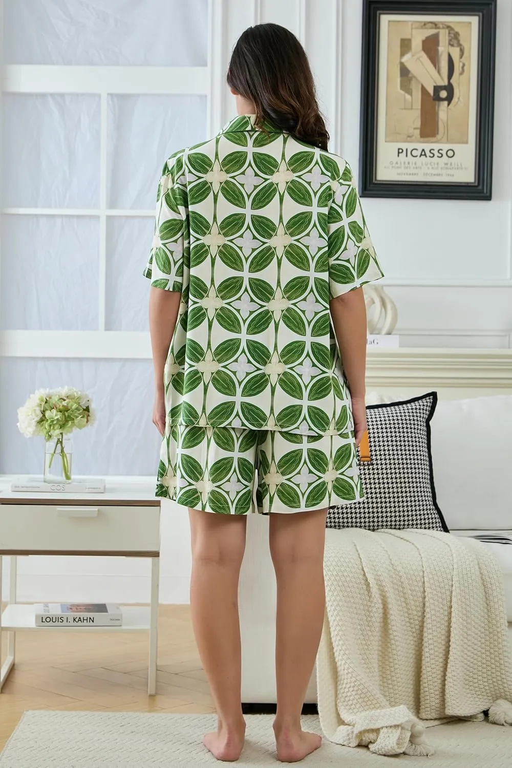 Womens Viscose Shorts Pajamas Set Button Down 2 Piece Pjs Short Sleeve Oversized Sleepwear with Pockets
