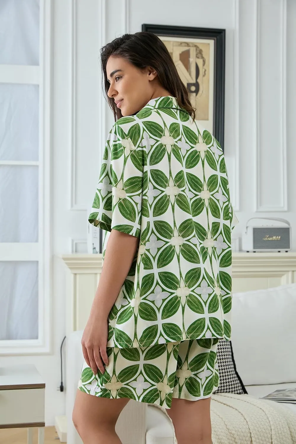 Womens Viscose Shorts Pajamas Set Button Down 2 Piece Pjs Short Sleeve Oversized Sleepwear with Pockets