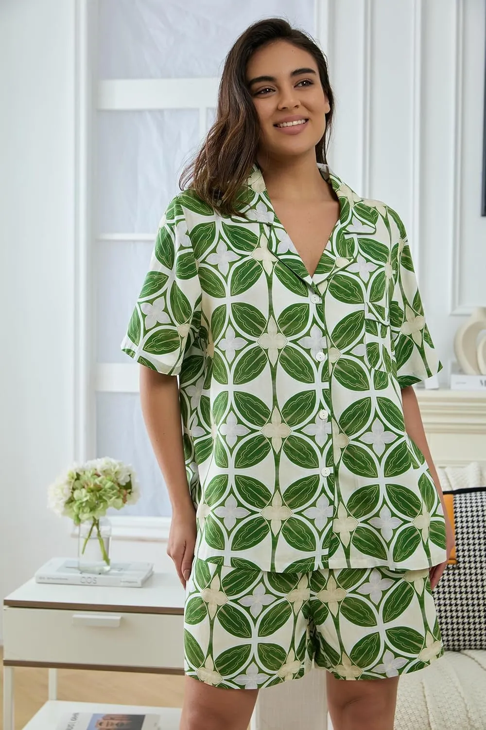 Womens Viscose Shorts Pajamas Set Button Down 2 Piece Pjs Short Sleeve Oversized Sleepwear with Pockets