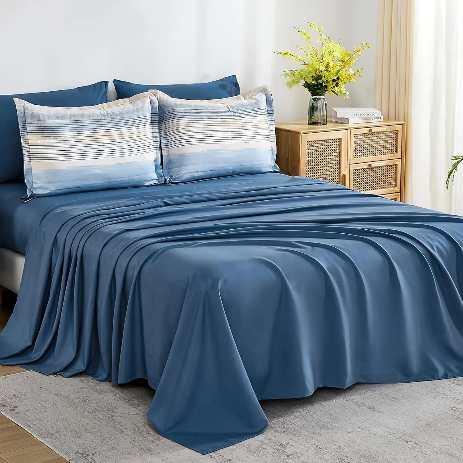 WONGS BEDDING Blue Comforter Set Full Size, 7 Pieces Full Bed in a Bag for All Season, Soft and Breathable Striped Bedding Set with Boho Comforter, Flat Sheet, Fitted Sheet, Pillowcases & Shams