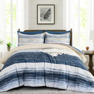 WONGS BEDDING Blue Comforter Set Full Size, 7 Pieces Full Bed in a Bag for All Season, Soft and Breathable Striped Bedding Set with Boho Comforter, Flat Sheet, Fitted Sheet, Pillowcases & Shams