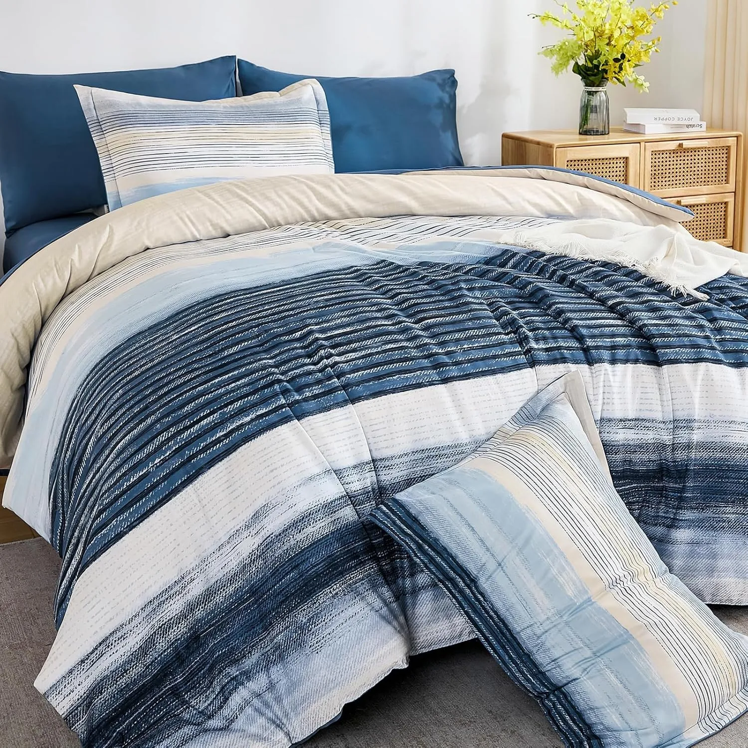 WONGS BEDDING Blue Comforter Set Full Size, 7 Pieces Full Bed in a Bag for All Season, Soft and Breathable Striped Bedding Set with Boho Comforter, Flat Sheet, Fitted Sheet, Pillowcases & Shams