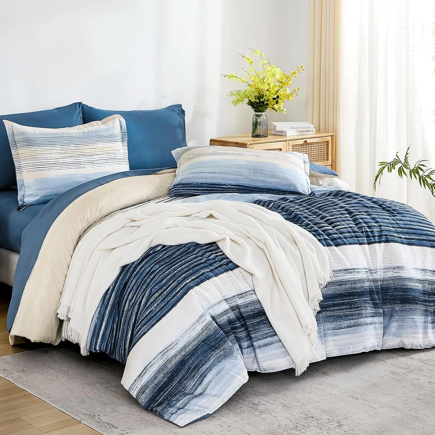 WONGS BEDDING Blue Comforter Set Full Size, 7 Pieces Full Bed in a Bag for All Season, Soft and Breathable Striped Bedding Set with Boho Comforter, Flat Sheet, Fitted Sheet, Pillowcases & Shams