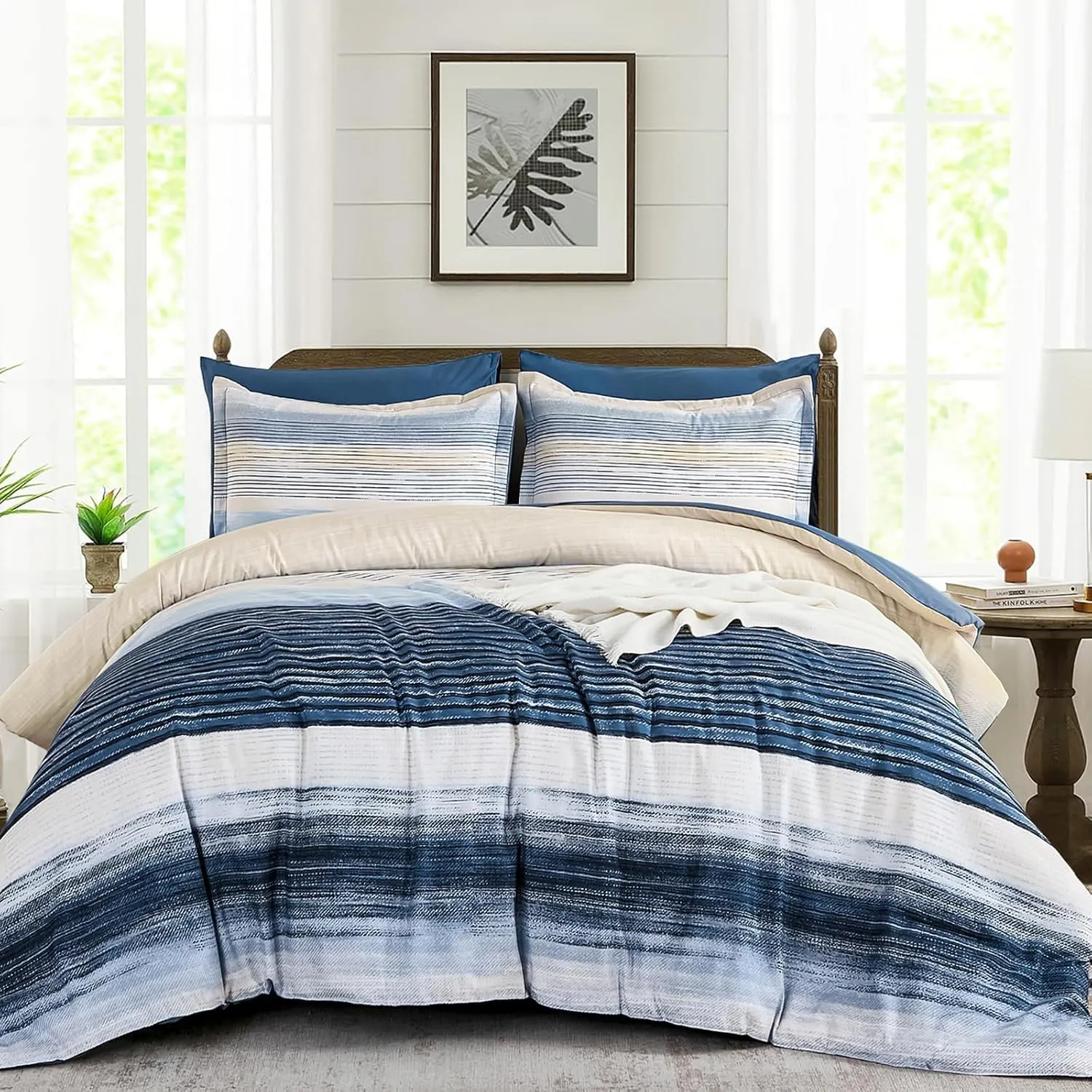 WONGS BEDDING Blue Comforter Set Full Size, 7 Pieces Full Bed in a Bag for All Season, Soft and Breathable Striped Bedding Set with Boho Comforter, Flat Sheet, Fitted Sheet, Pillowcases & Shams