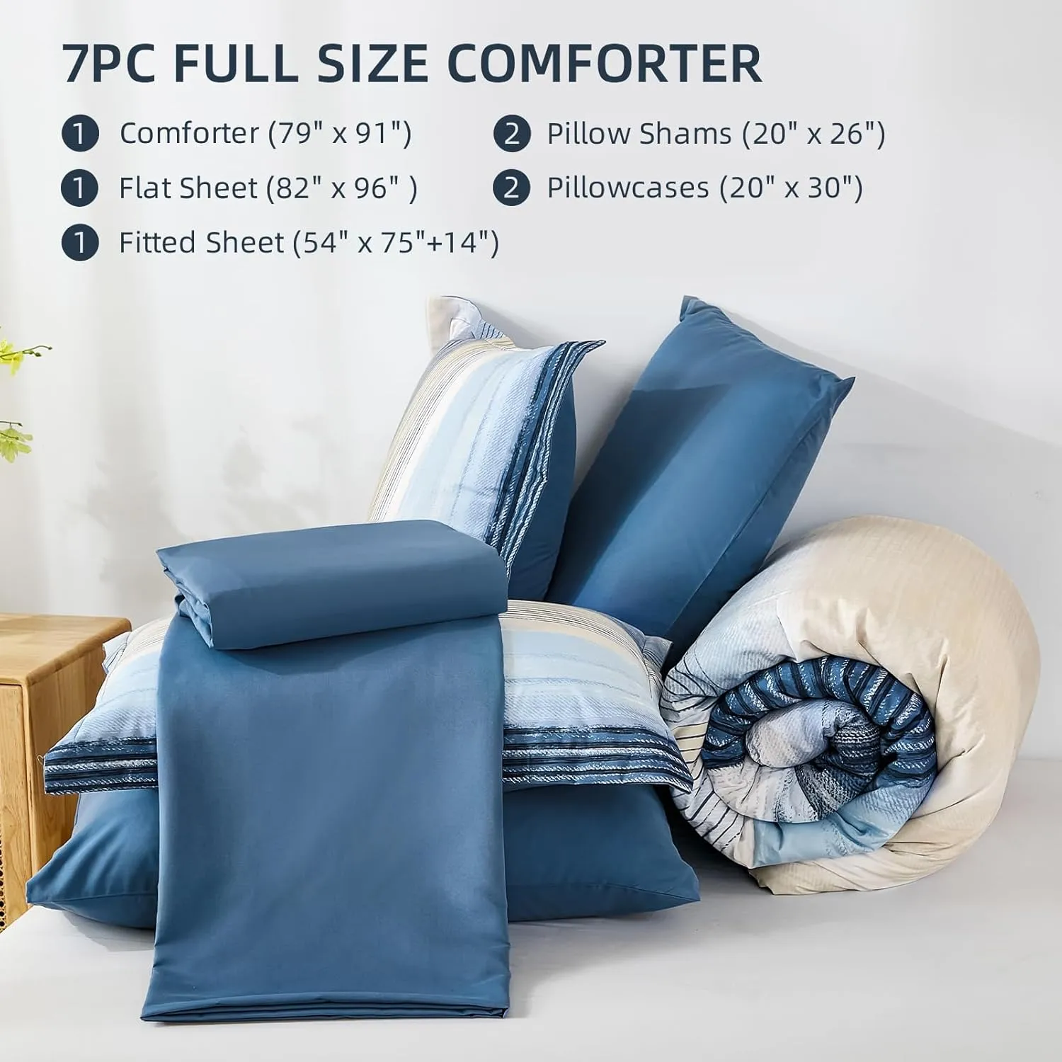 WONGS BEDDING Blue Comforter Set Full Size, 7 Pieces Full Bed in a Bag for All Season, Soft and Breathable Striped Bedding Set with Boho Comforter, Flat Sheet, Fitted Sheet, Pillowcases & Shams