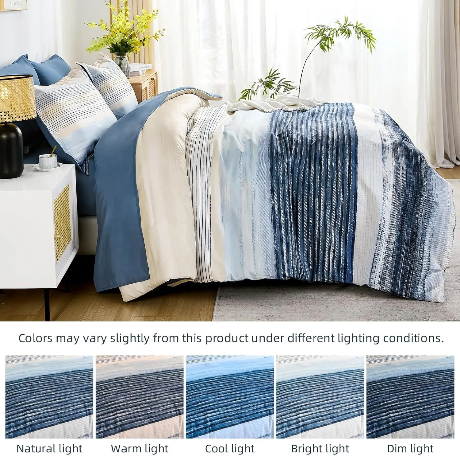 WONGS BEDDING Blue Comforter Set Full Size, 7 Pieces Full Bed in a Bag for All Season, Soft and Breathable Striped Bedding Set with Boho Comforter, Flat Sheet, Fitted Sheet, Pillowcases & Shams