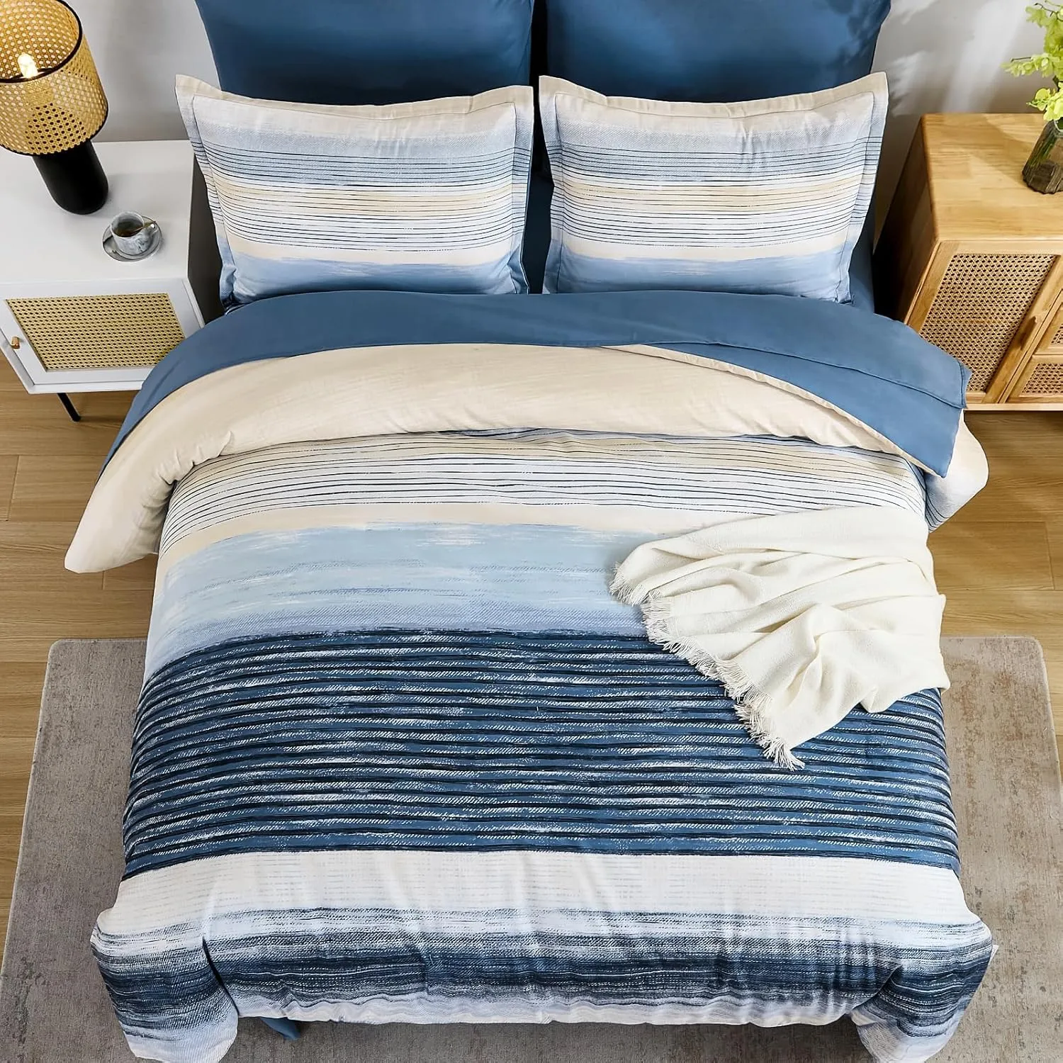 WONGS BEDDING Blue Comforter Set Full Size, 7 Pieces Full Bed in a Bag for All Season, Soft and Breathable Striped Bedding Set with Boho Comforter, Flat Sheet, Fitted Sheet, Pillowcases & Shams