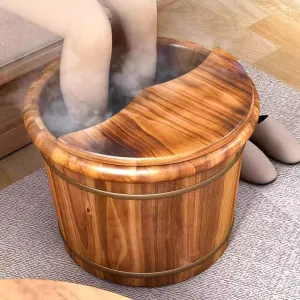 Wooden Foot Bath Deep Soaking Tub with Insulation Lid, Solid Wood Feet Spa Basin Lit, Luxury & Smooth Carbonized Wooden Feet Bath Barrel, Relieve Foot Pressure for at Home Spa Pedicures,M