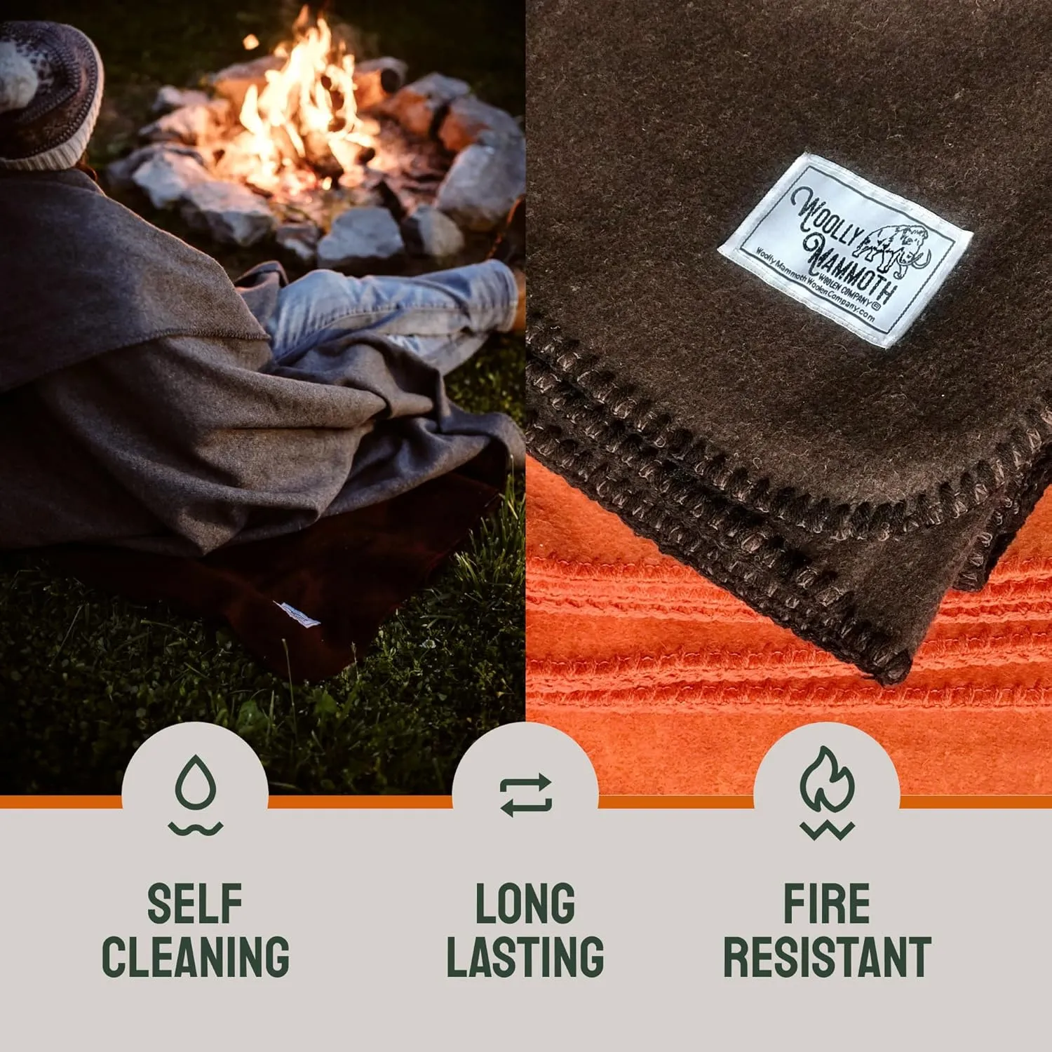 Woolly Mammoth Merino Wool Blanket - Large 66" x 90", 4LBS Camp Blanket | Cabin Throw, Cold Weather, Emergency, Dog Camping Gear, Hiking, Survival, Army, Outside, Outdoors, Twin Size Bed, Brown Color