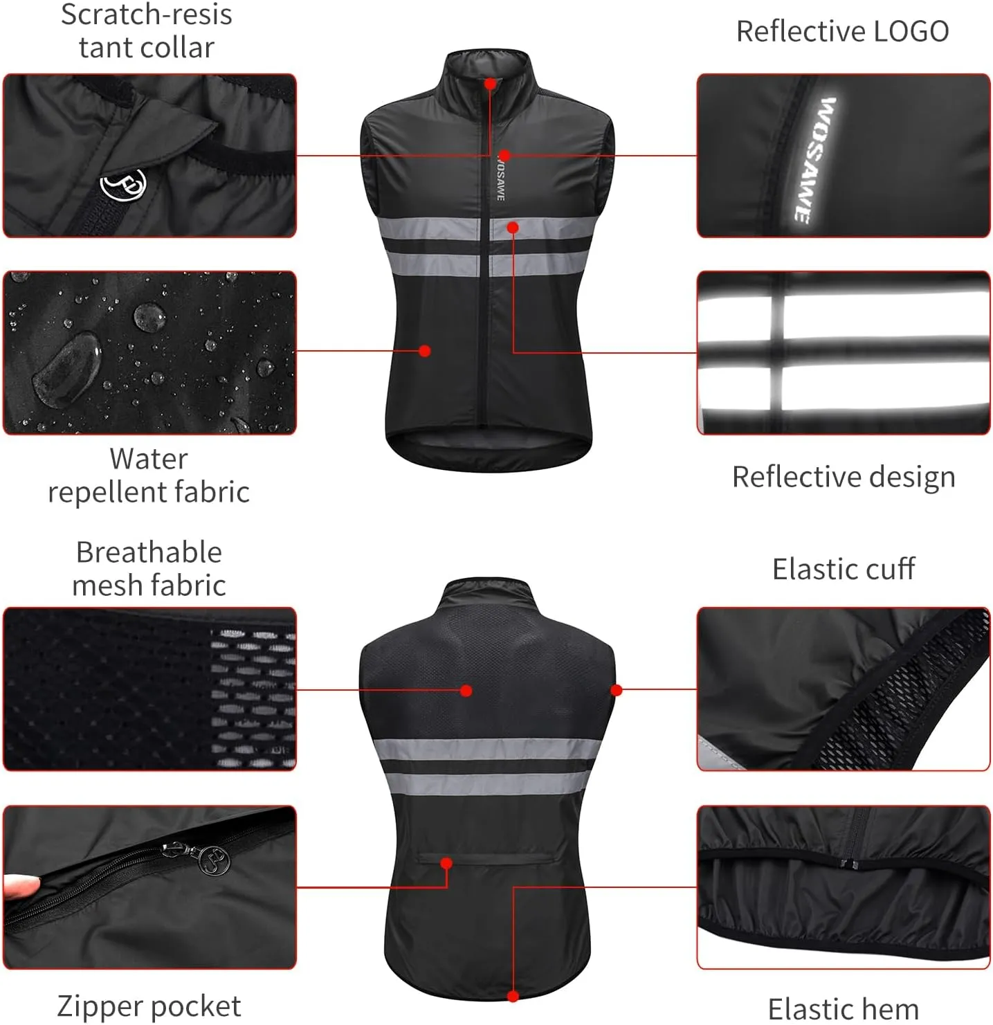 WOSAWE Men's High Visibility Cycling Wind Jacket Water Resistance Reflective Windbreaker