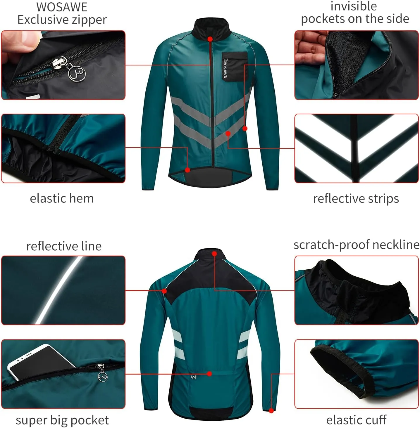 WOSAWE Men's High Visibility Cycling Wind Jacket Water Resistance Reflective Windbreaker