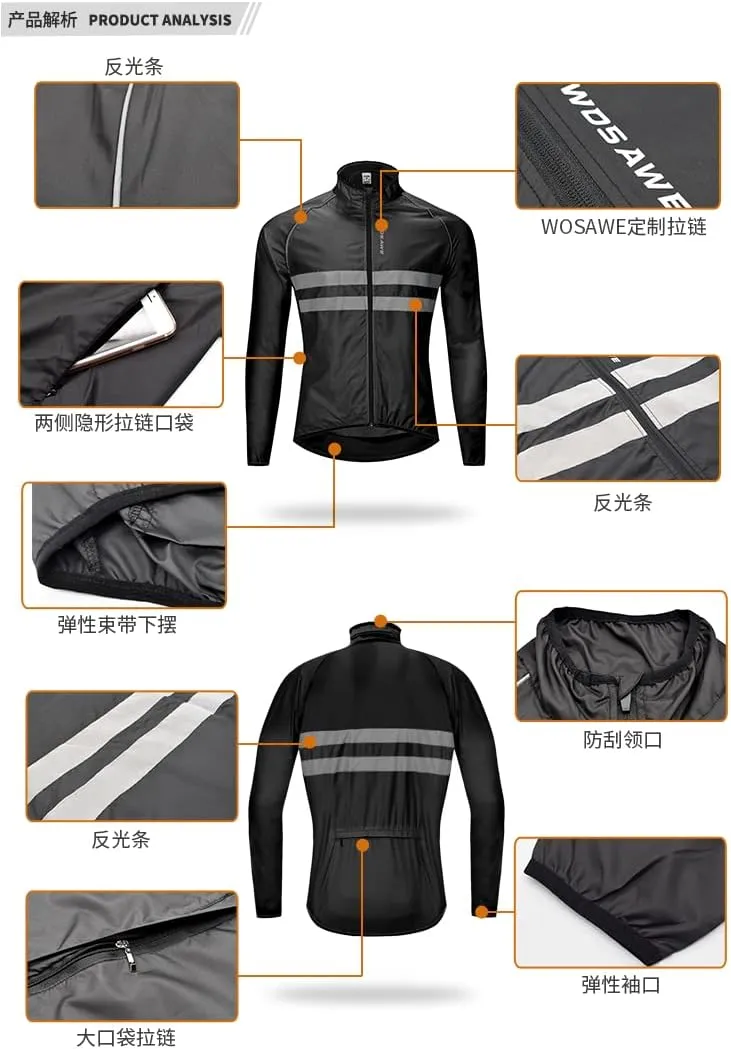 WOSAWE Men's High Visibility Cycling Wind Jacket Water Resistance Reflective Windbreaker