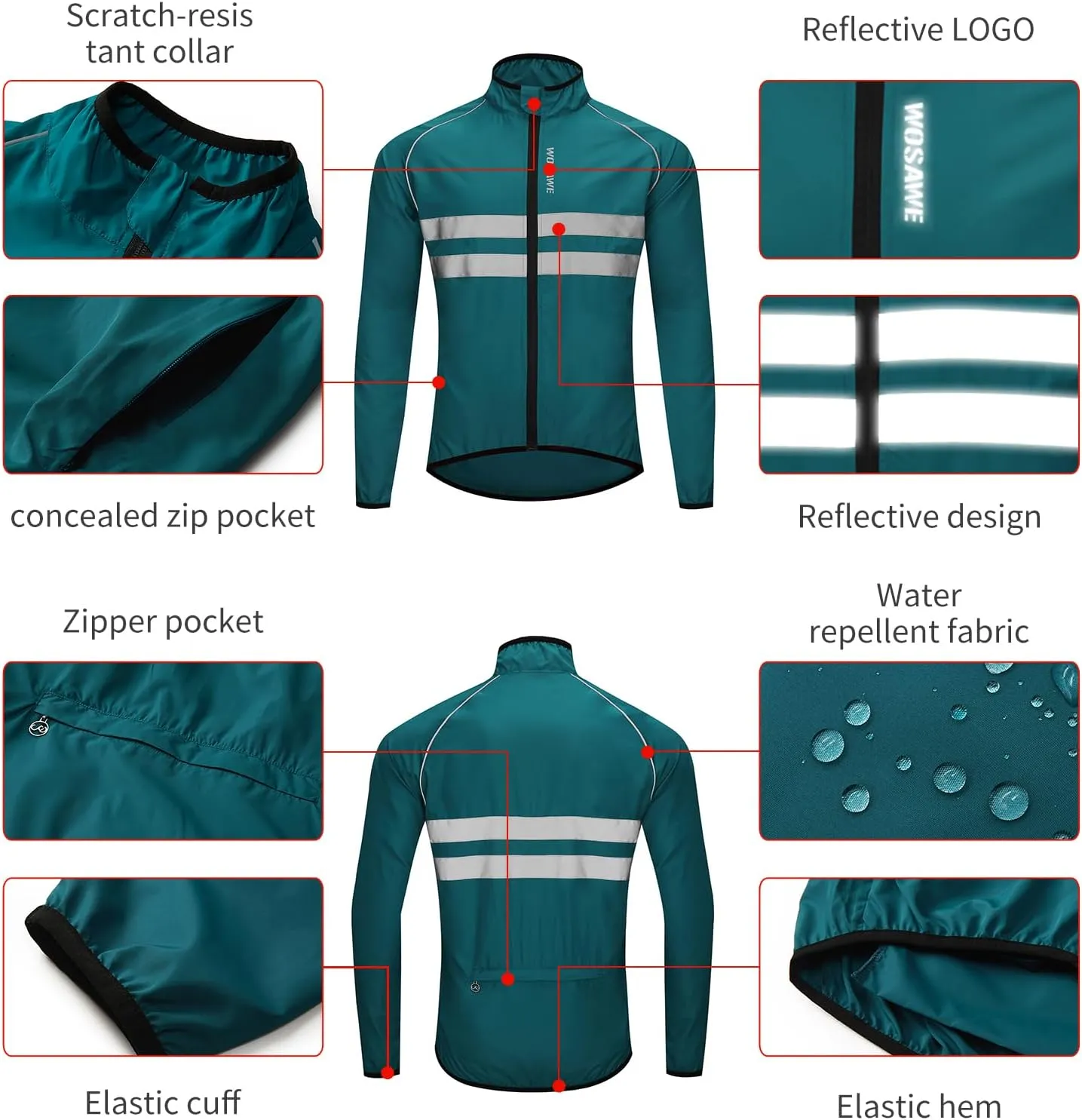 WOSAWE Men's High Visibility Cycling Wind Jacket Water Resistance Reflective Windbreaker