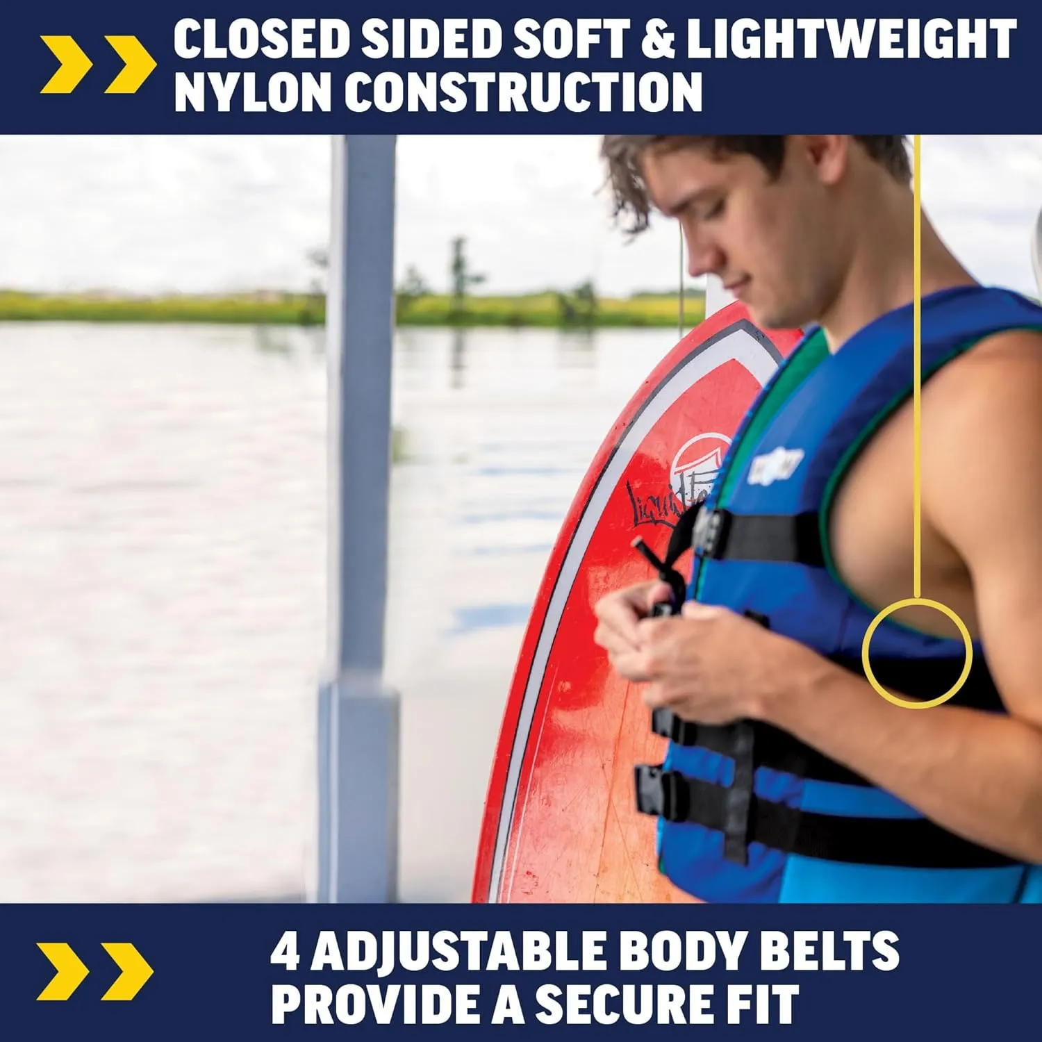 WOW Sports VIS-Wave Blue Nylon Adult Life Jacket for Swimming Pools, Fishing, Lakes, & Oceans, Personal Flotation Device (PFD)
