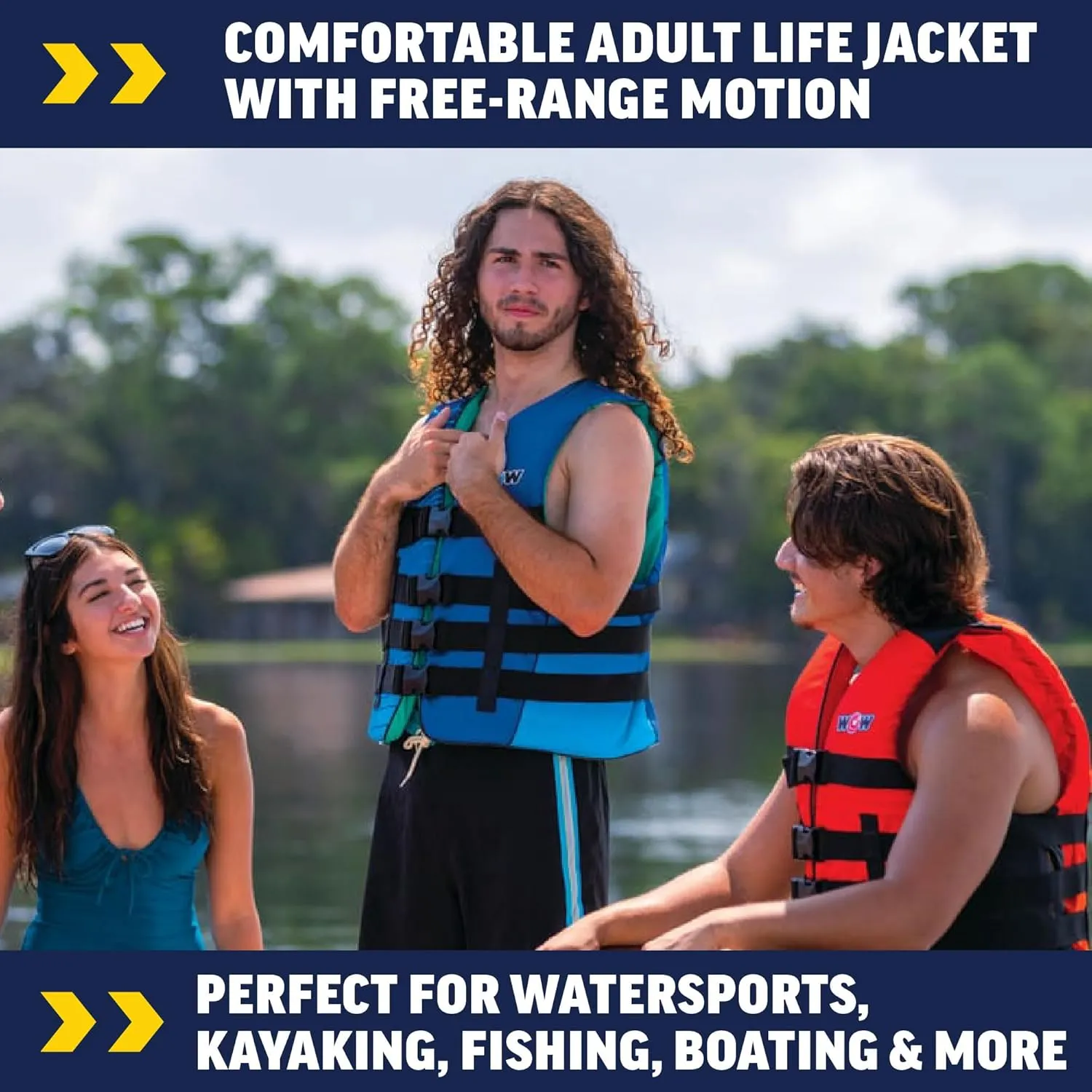 WOW Sports VIS-Wave Blue Nylon Adult Life Jacket for Swimming Pools, Fishing, Lakes, & Oceans, Personal Flotation Device (PFD)