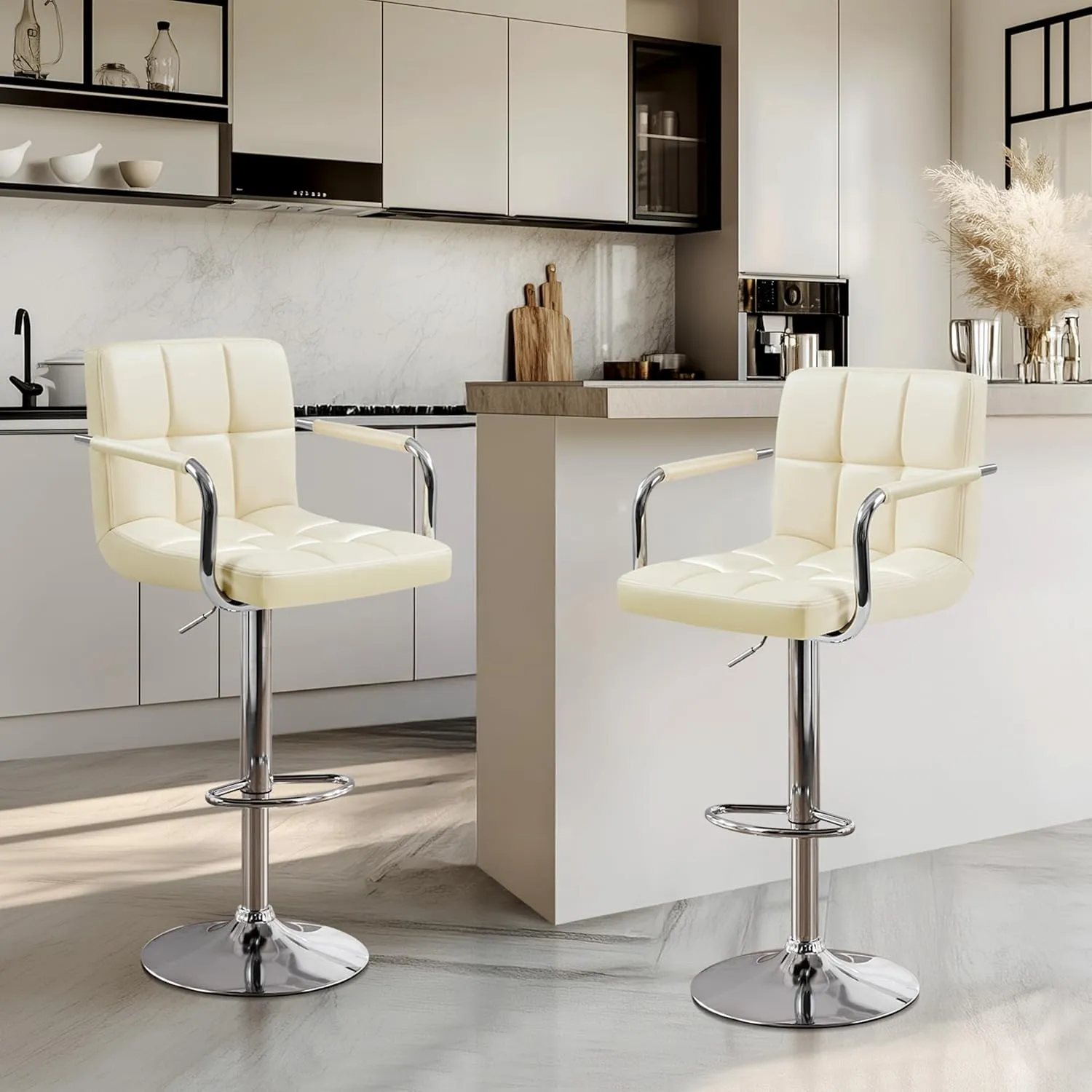 Yaheetech Bar Stools Set of 2, PU Leather Adjustable Swivel Barstools, Hydraulic Kitchen Counter Height Bar Chairs with Armrest and Back for Bar, Kitchen, Dining Room, Beige