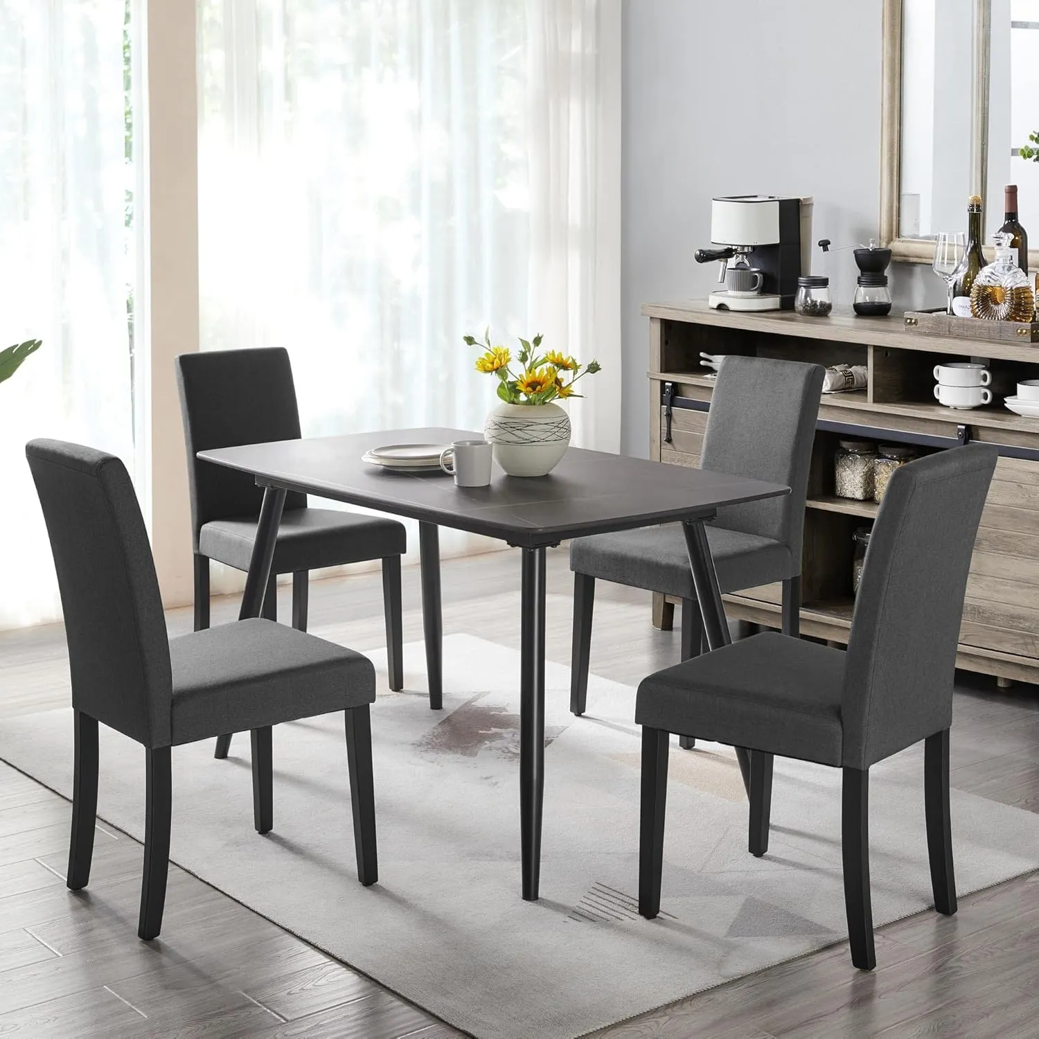 Yaheetech Dining Chairs Set of 4 Fabric Parson Upholstered Kitchen Chairs with Padded Seat and Solid Wood Legs for Dining Room/Restaurant, Armless Design, Dark Grey