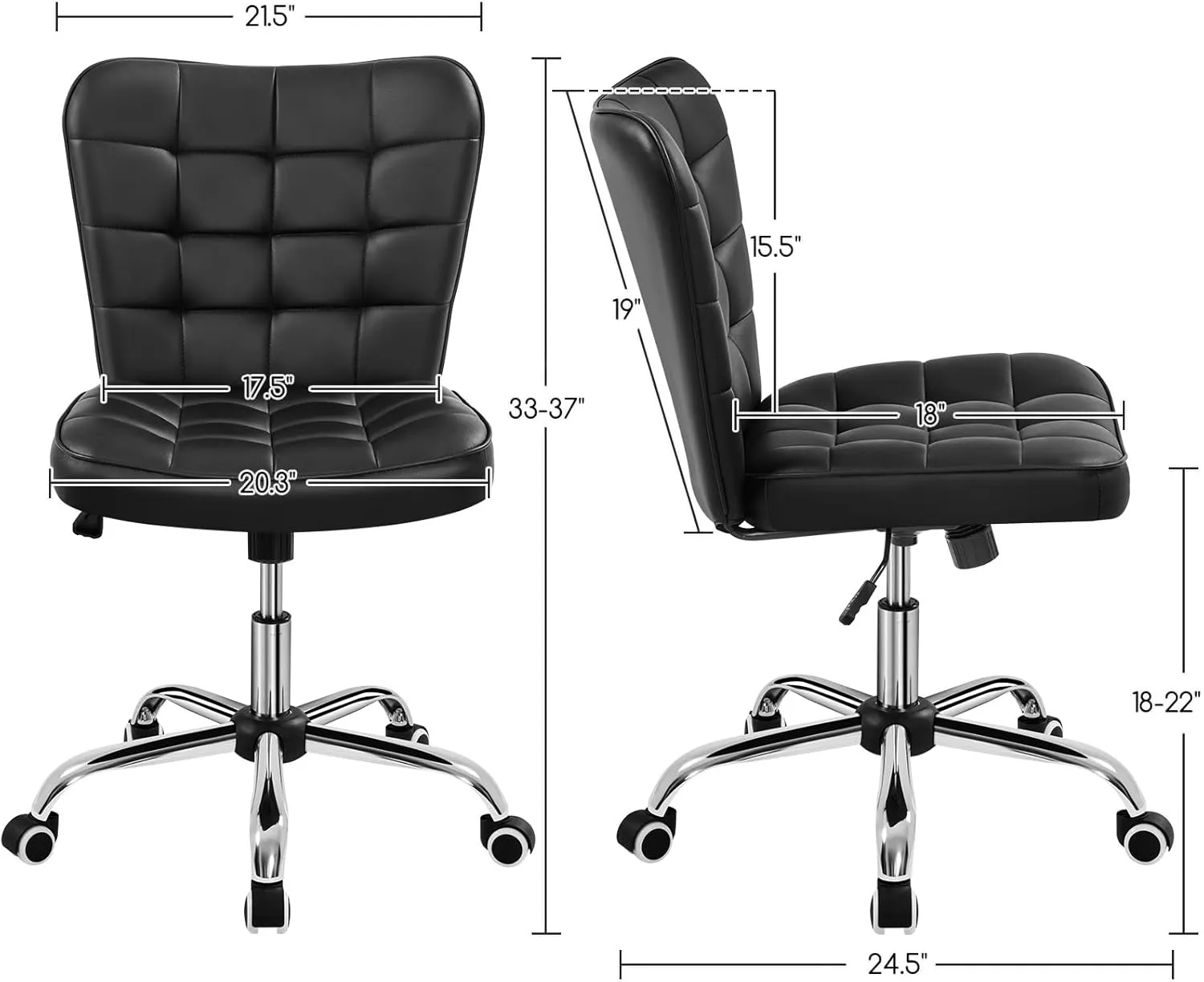 Yaheetech Modern Tufted Armless Desk Office Chair Faux Leather Upholstered Computer Chair with Adjustable Seat Height and Rolling Wheels for Home/Office, Black