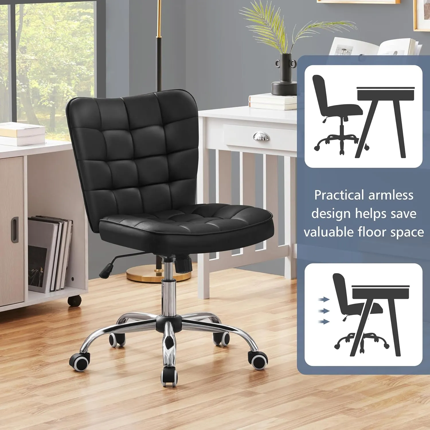 Yaheetech Modern Tufted Armless Desk Office Chair Faux Leather Upholstered Computer Chair with Adjustable Seat Height and Rolling Wheels for Home/Office, Black