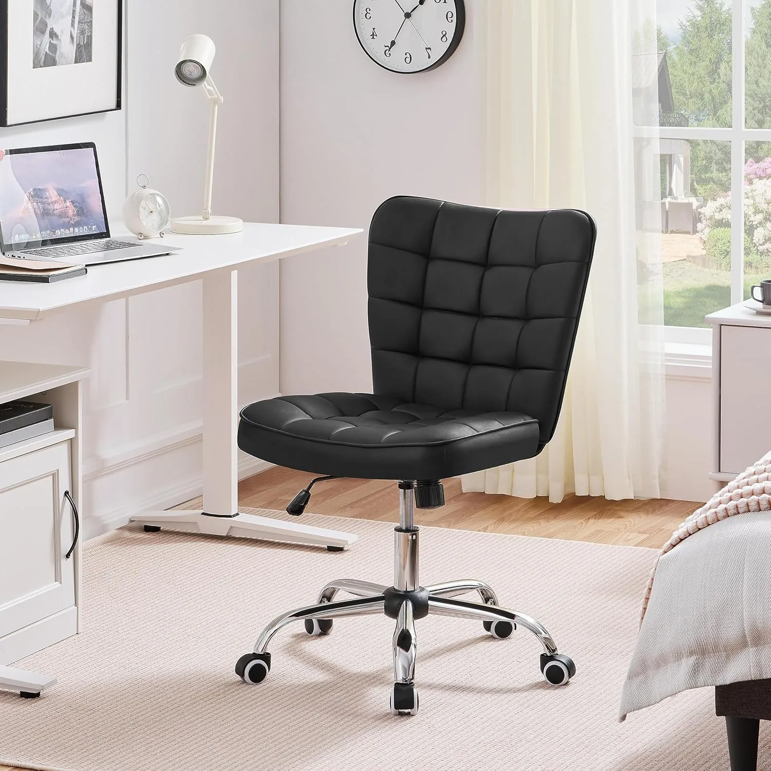 Yaheetech Modern Tufted Armless Desk Office Chair Faux Leather Upholstered Computer Chair with Adjustable Seat Height and Rolling Wheels for Home/Office, Black