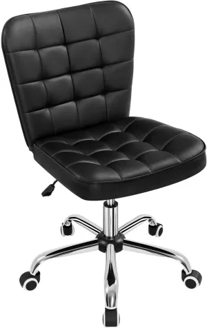 Yaheetech Modern Tufted Armless Desk Office Chair Faux Leather Upholstered Computer Chair with Adjustable Seat Height and Rolling Wheels for Home/Office, Black