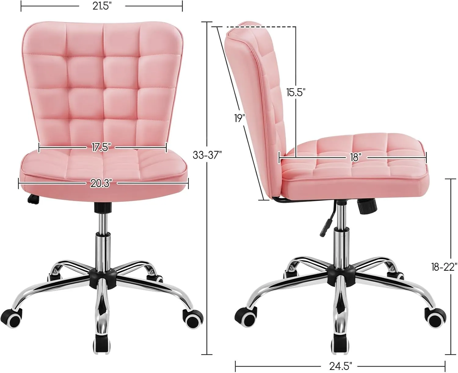 Yaheetech ModernTufted Armless Desk Office Chair Faux Leather Upholstered Computer Chair with Adjustable Seat Height and Rolling Wheels for Home/Office, Pink