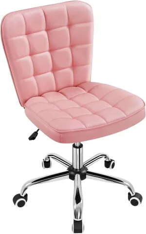Yaheetech ModernTufted Armless Desk Office Chair Faux Leather Upholstered Computer Chair with Adjustable Seat Height and Rolling Wheels for Home/Office, Pink