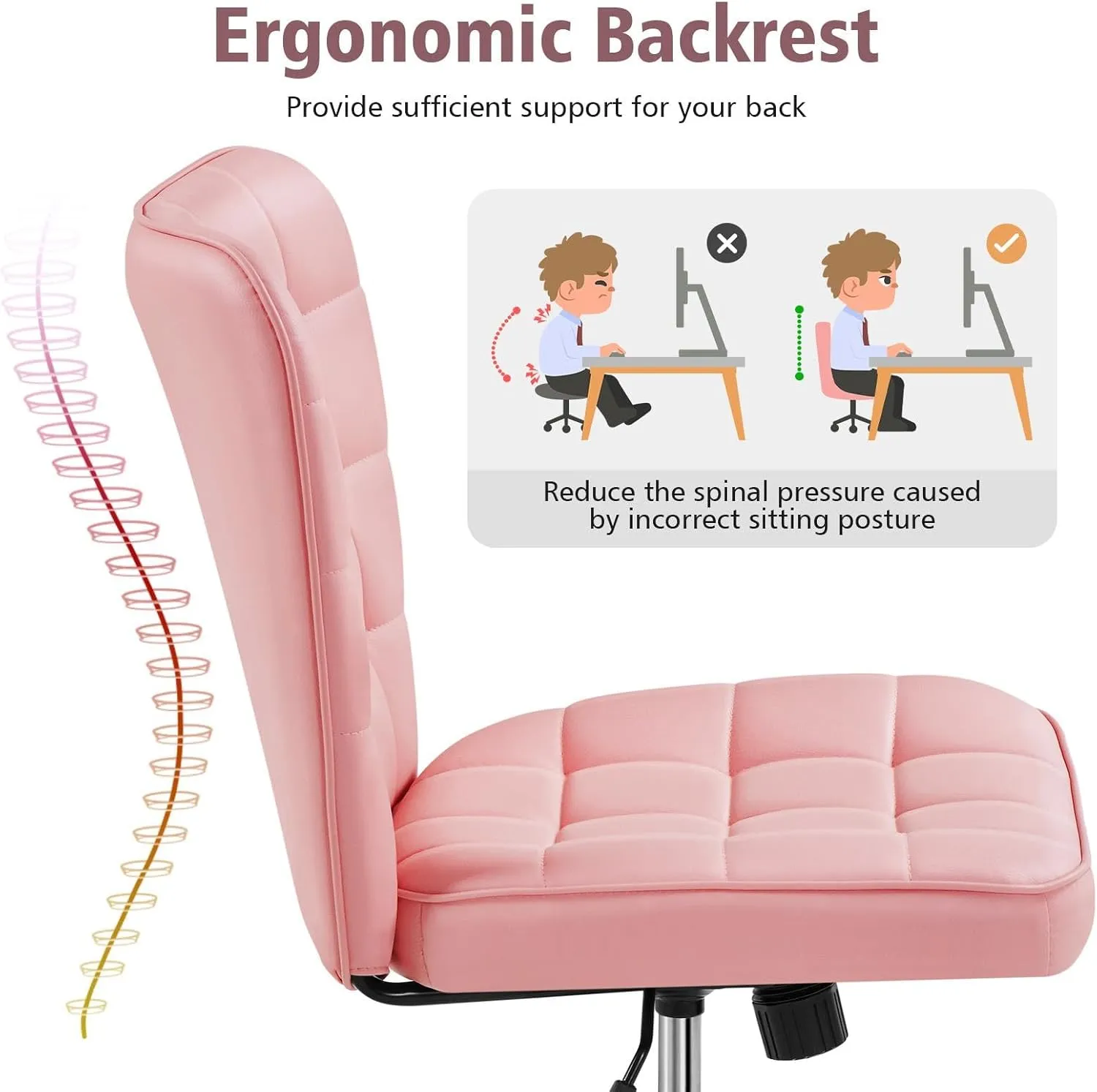 Yaheetech ModernTufted Armless Desk Office Chair Faux Leather Upholstered Computer Chair with Adjustable Seat Height and Rolling Wheels for Home/Office, Pink