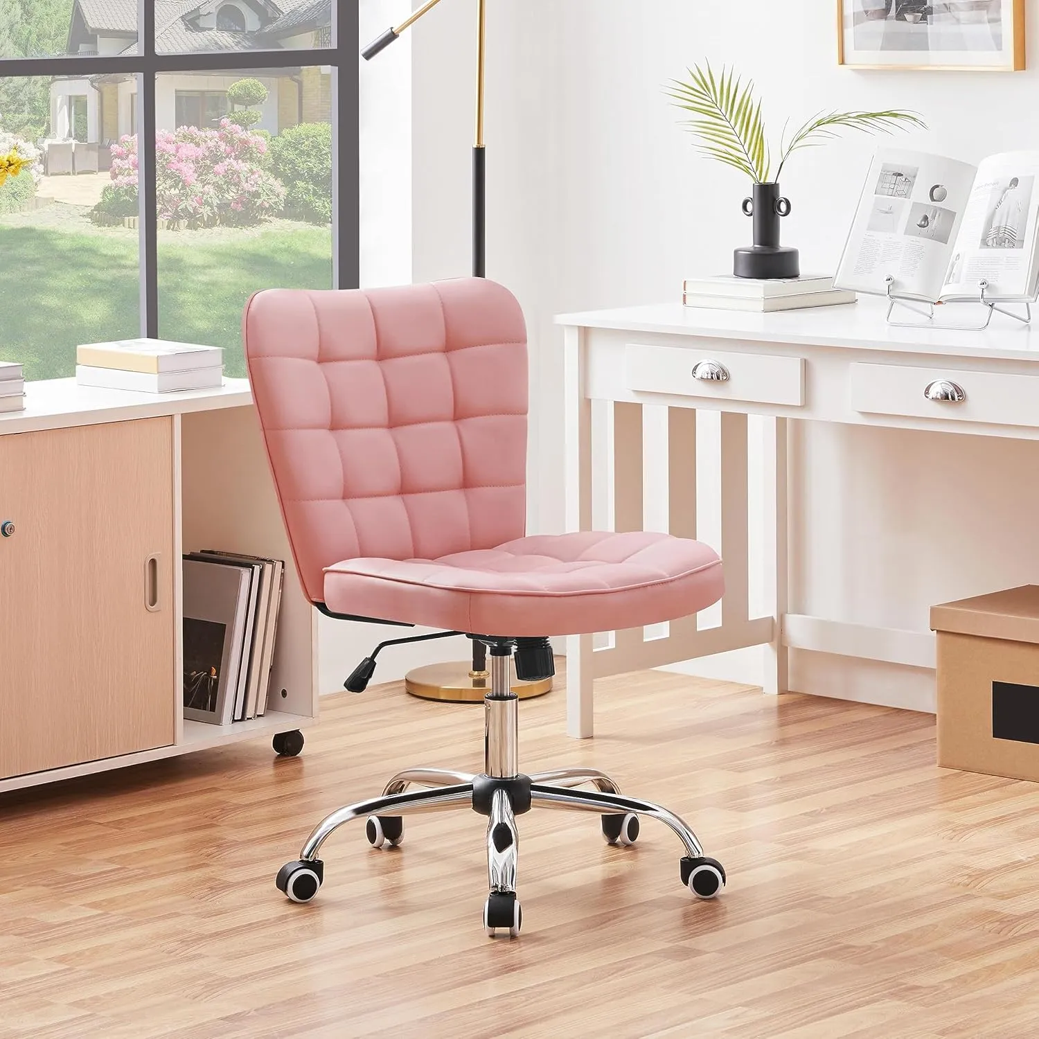 Yaheetech ModernTufted Armless Desk Office Chair Faux Leather Upholstered Computer Chair with Adjustable Seat Height and Rolling Wheels for Home/Office, Pink
