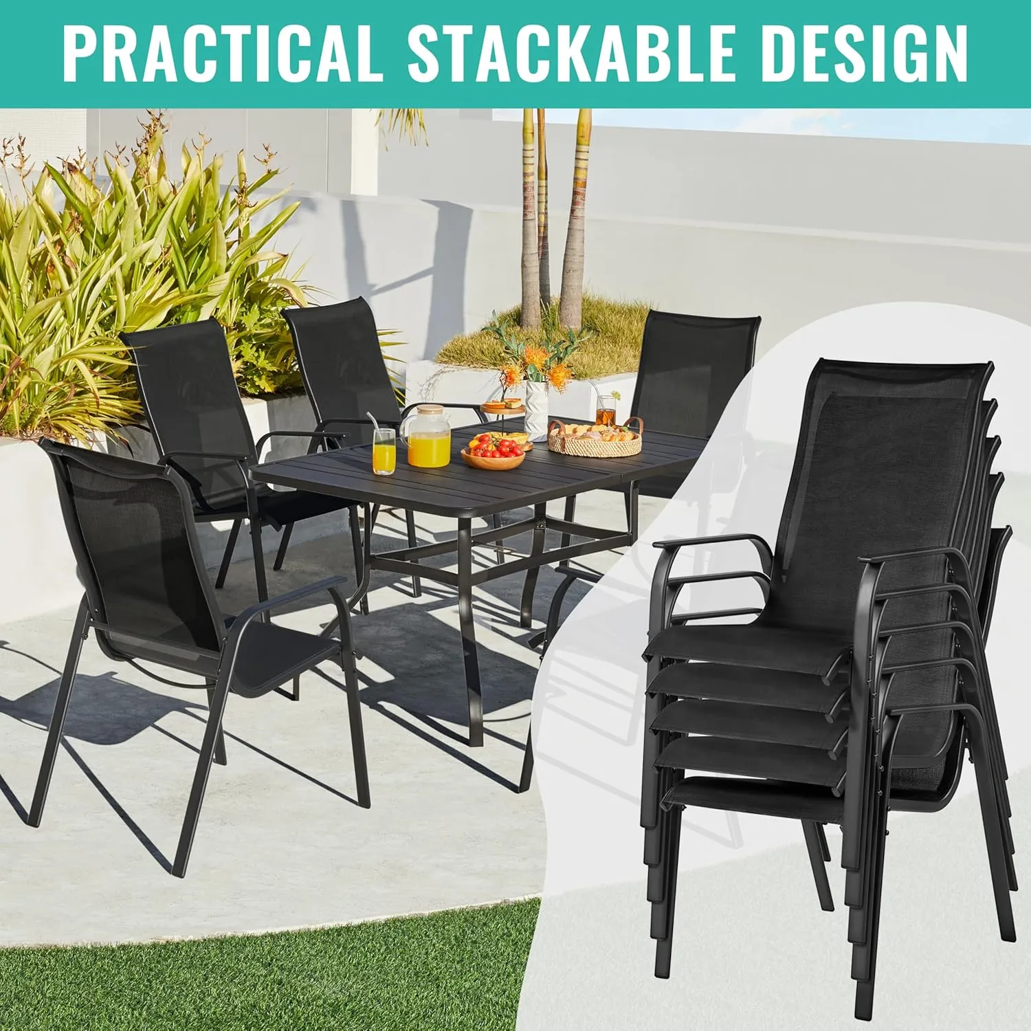 Yaheetech Set of 2 Patio Dining Chairs, Outdoor Stackable Patio Chairs with Backrest/Armrests, All Weather Chairs for Garden/Lawn/Porch/Backyard Pool, Black