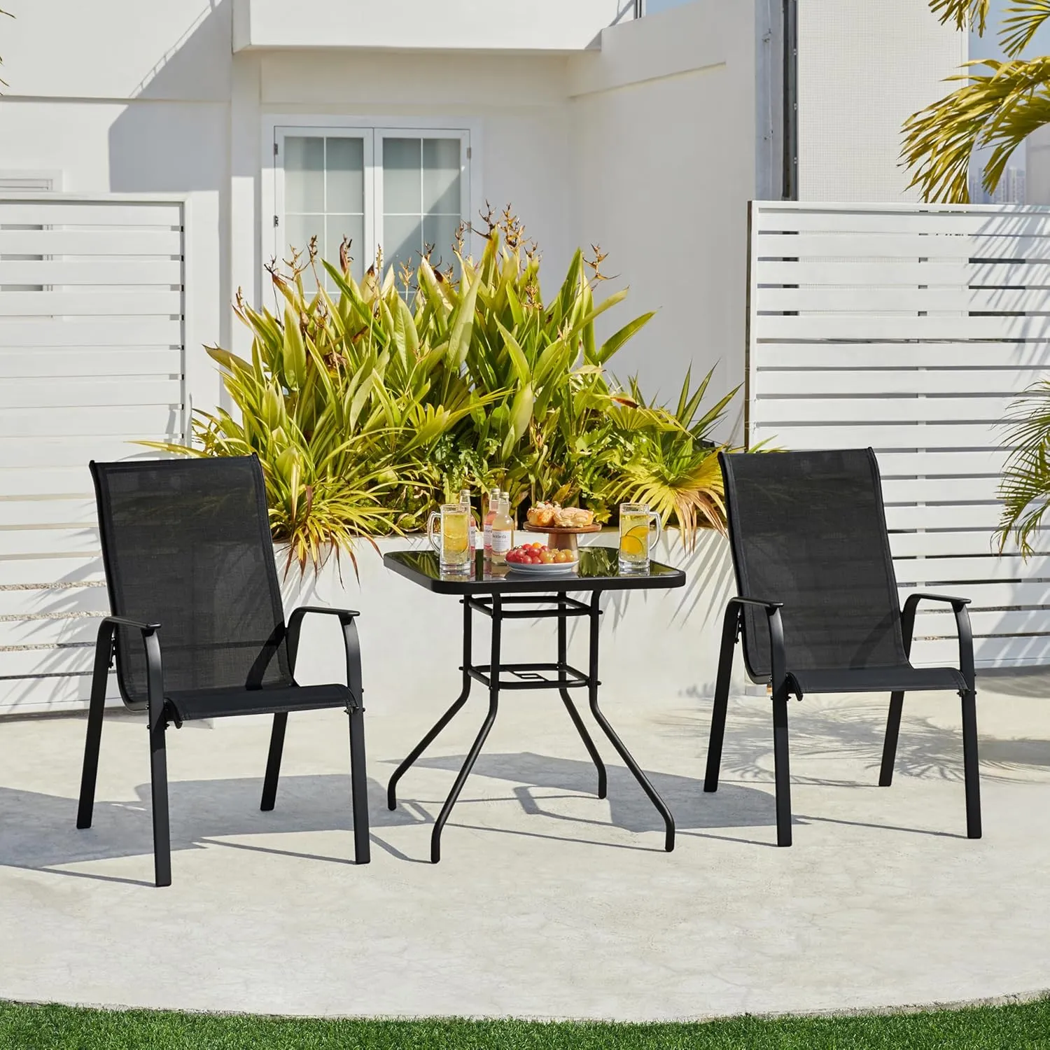 Yaheetech Set of 2 Patio Dining Chairs, Outdoor Stackable Patio Chairs with Backrest/Armrests, All Weather Chairs for Garden/Lawn/Porch/Backyard Pool, Black