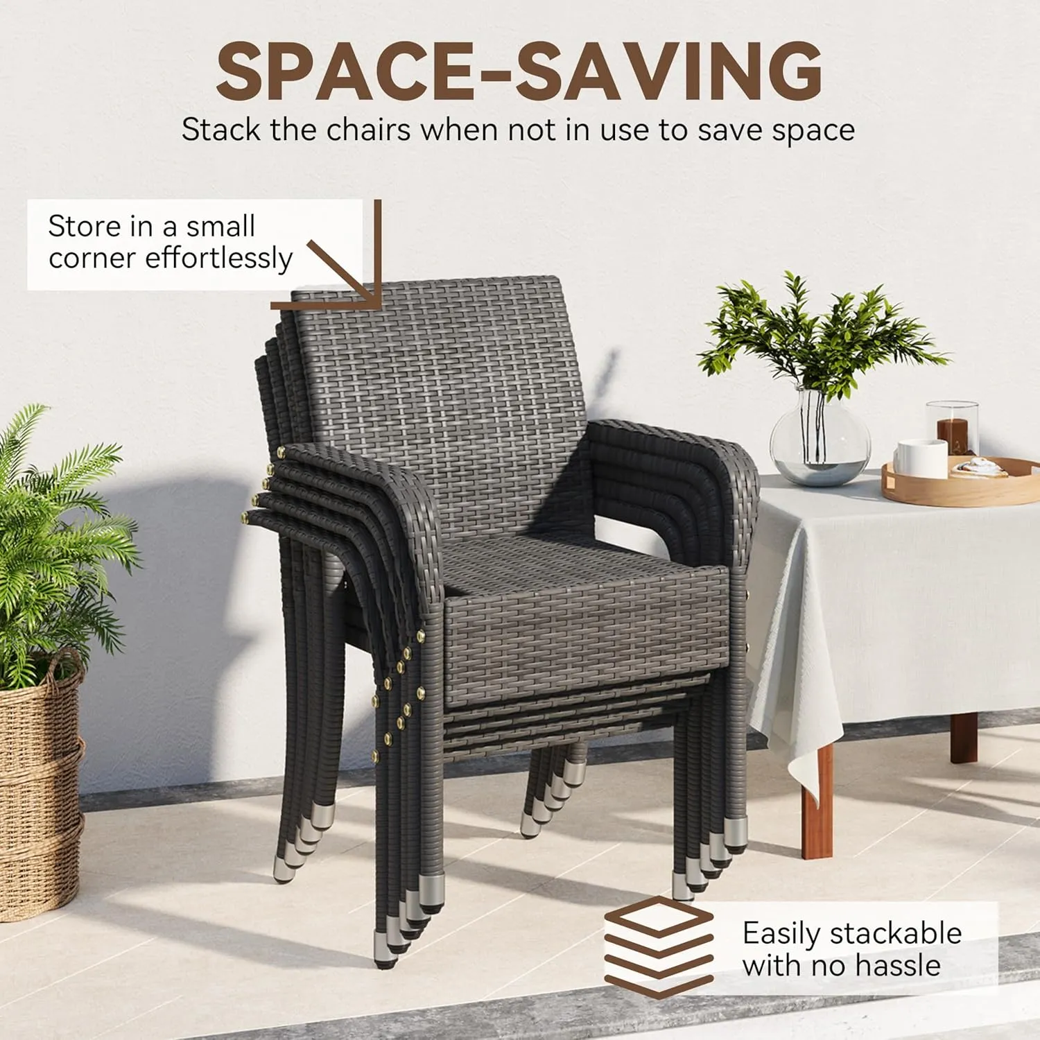 Yaheetech Set of 2 Stackable Outdoor Rattan Dining Chairs, All-Weather Firepits Armchair w/Armrests, Steel Frame for Garden, Patio, Deck, Yard, Poolside, Gray
