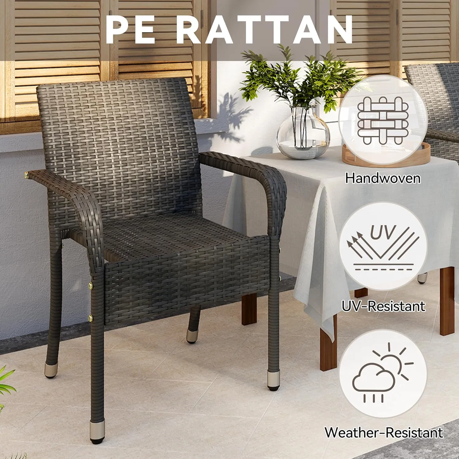 Yaheetech Set of 2 Stackable Outdoor Rattan Dining Chairs, All-Weather Firepits Armchair w/Armrests, Steel Frame for Garden, Patio, Deck, Yard, Poolside, Gray