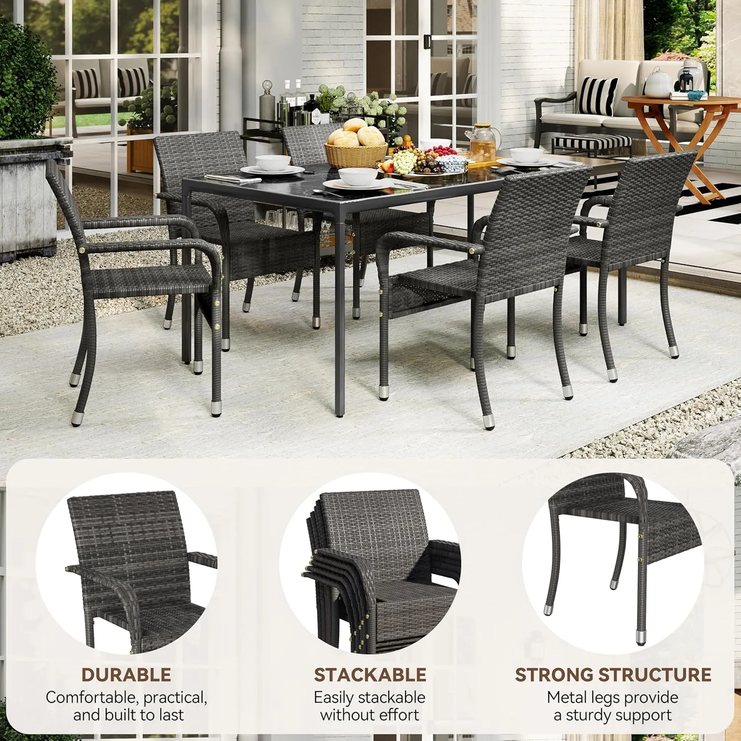 Yaheetech Set of 2 Stackable Outdoor Rattan Dining Chairs, All-Weather Firepits Armchair w/Armrests, Steel Frame for Garden, Patio, Deck, Yard, Poolside, Gray